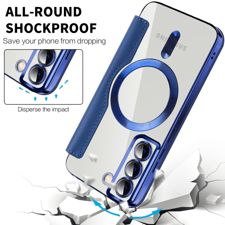 For Samsung Galaxy S22 5G Shield MagSafe RFID Anti-theft Rhombus Leather Phone Case(Dark Blue) by buy2fix