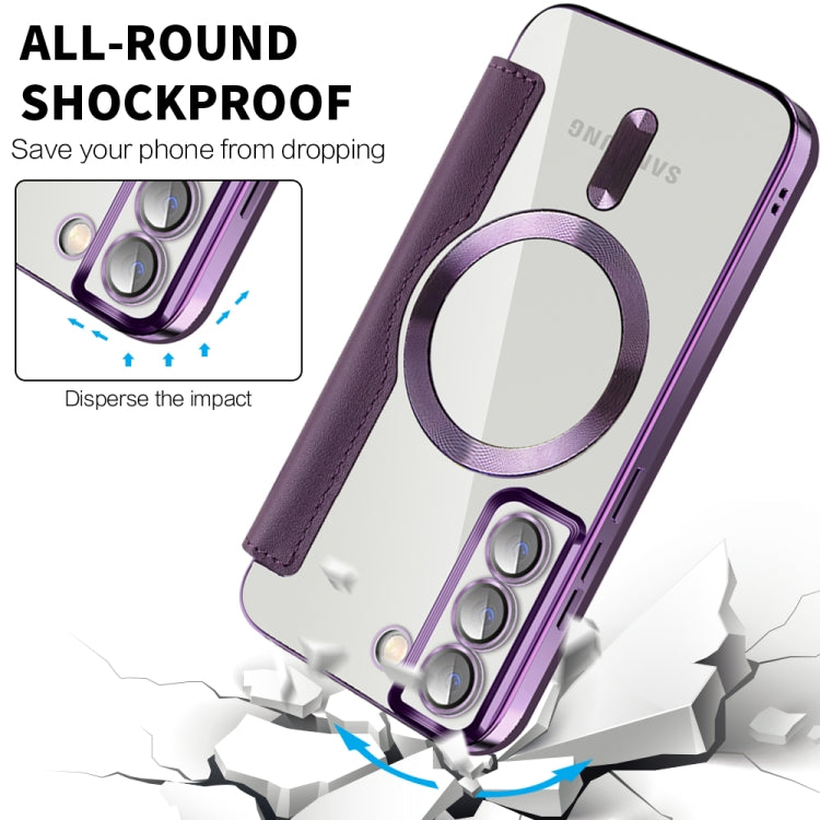 For Samsung Galaxy S22 5G Shield MagSafe RFID Anti-theft Rhombus Leather Phone Case(Purple) by buy2fix