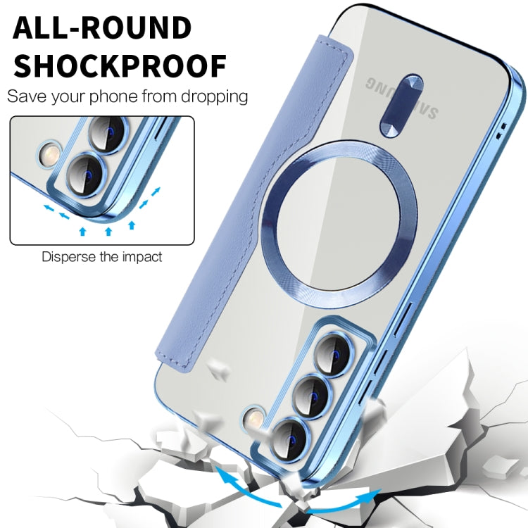 For Samsung Galaxy S22 5G Shield MagSafe RFID Anti-theft Rhombus Leather Phone Case(Blue) by buy2fix