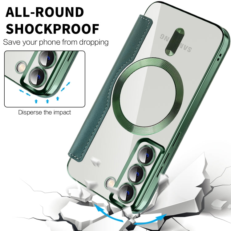 For Samsung Galaxy S22 5G Shield MagSafe RFID Anti-theft Rhombus Leather Phone Case(Green) by buy2fix