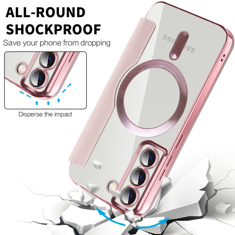 For Samsung Galaxy S22 5G Shield MagSafe RFID Anti-theft Rhombus Leather Phone Case(Pink) by buy2fix