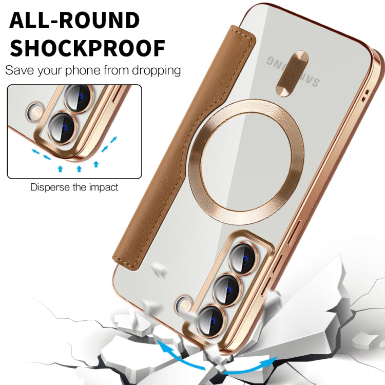 For Samsung Galaxy S22 5G Shield MagSafe RFID Anti-theft Rhombus Leather Phone Case(Brown) by buy2fix