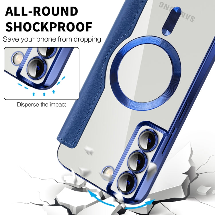 For Samsung Galaxy S22+ 5G Shield MagSafe RFID Anti-theft Rhombus Leather Phone Case(Dark Blue) by buy2fix