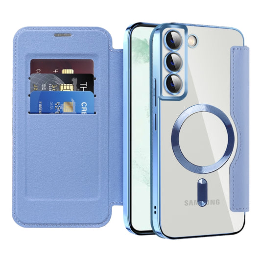 For Samsung Galaxy S22+ 5G Shield MagSafe RFID Anti-theft Rhombus Leather Phone Case(Blue) by buy2fix