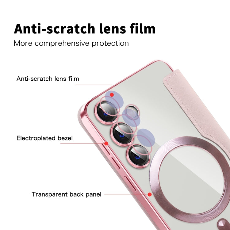 For Samsung Galaxy S24 5G Shield MagSafe RFID Anti-theft Rhombus Leather Phone Case(Pink) by buy2fix