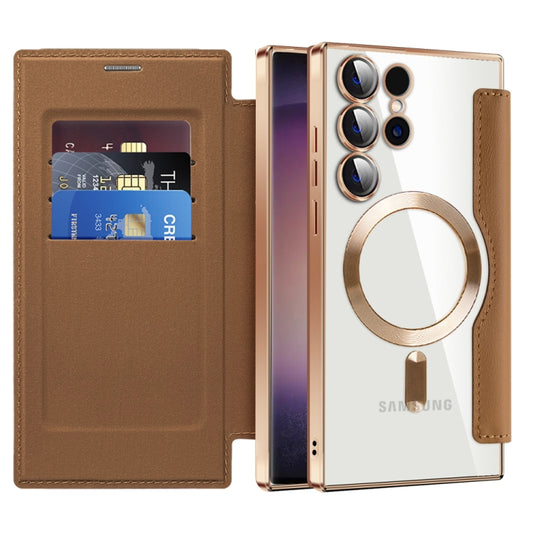 For Samsung Galaxy S24 Ultra 5G Shield MagSafe RFID Anti-theft Rhombus Leather Phone Case(Brown) by buy2fix