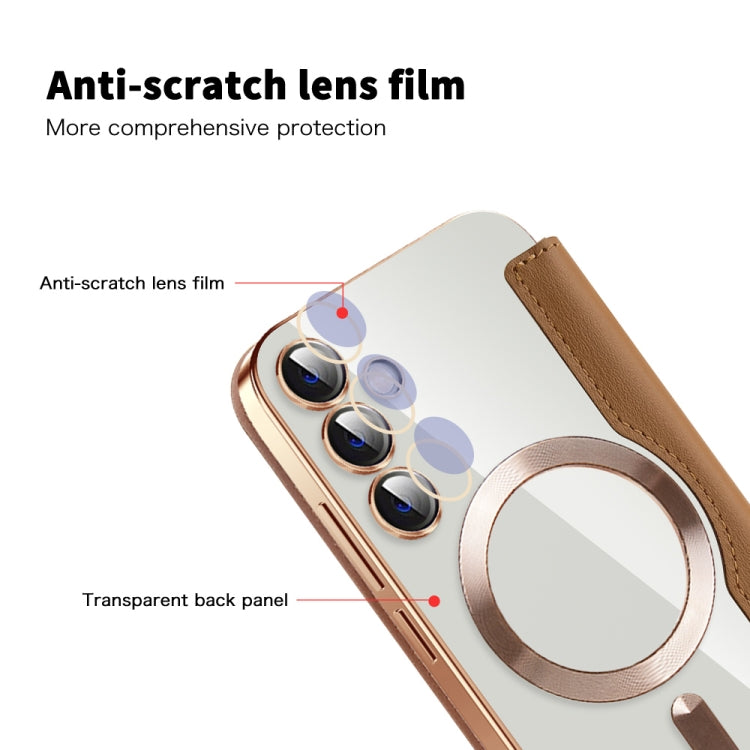 For Samsung Galaxy S23 FE 5G Shield MagSafe RFID Anti-theft Rhombus Leather Phone Case(Brown) by buy2fix