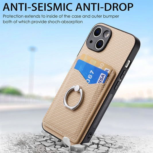 For iPhone 15 Pro Max Carbon Fiber Card Wallet Ring Holder Phone Case(Khaki) by buy2fix
