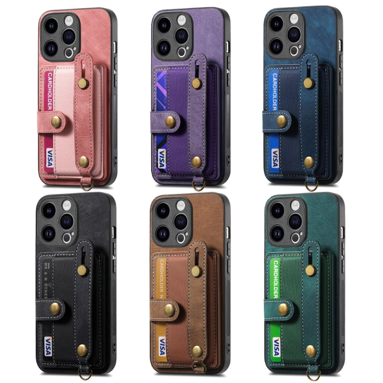 For iPhone 15 Pro Retro Cross Wristband Wallet Leather Back Phone Case(Pink) by buy2fix