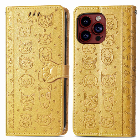 For iPhone 15 Pro Max Cat and Dog Embossed Leather Phone Case(Yellow) by buy2fix