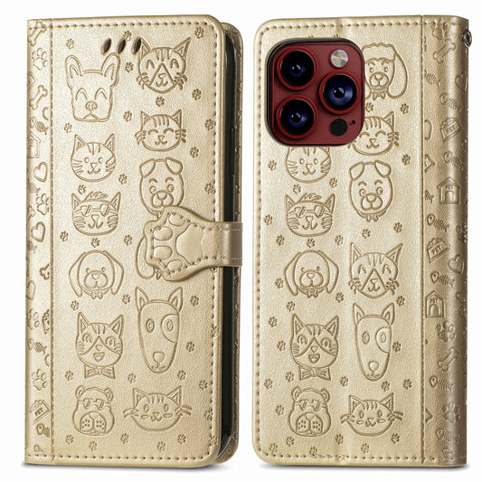 For iPhone 15 Pro Max Cat and Dog Embossed Leather Phone Case(Gold) by buy2fix