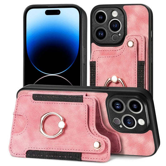 For iPhone 15 Pro Max Retro Skin-feel Ring Multi-card Wallet Phone Case(Pink) by buy2fix