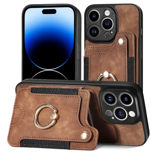 For iPhone 15 Pro Max Retro Skin-feel Ring Multi-card Wallet Phone Case(Brown) by buy2fix