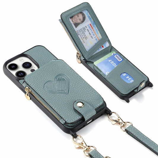 For iPhone 15 Pro Max Crossbody Love Zipper Leather Back Phone Case(Green) by buy2fix