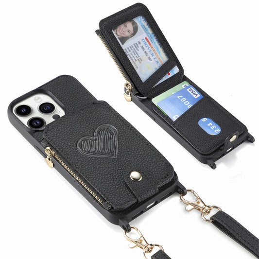 For iPhone 15 Pro Max Crossbody Love Zipper Leather Back Phone Case(Black) by buy2fix