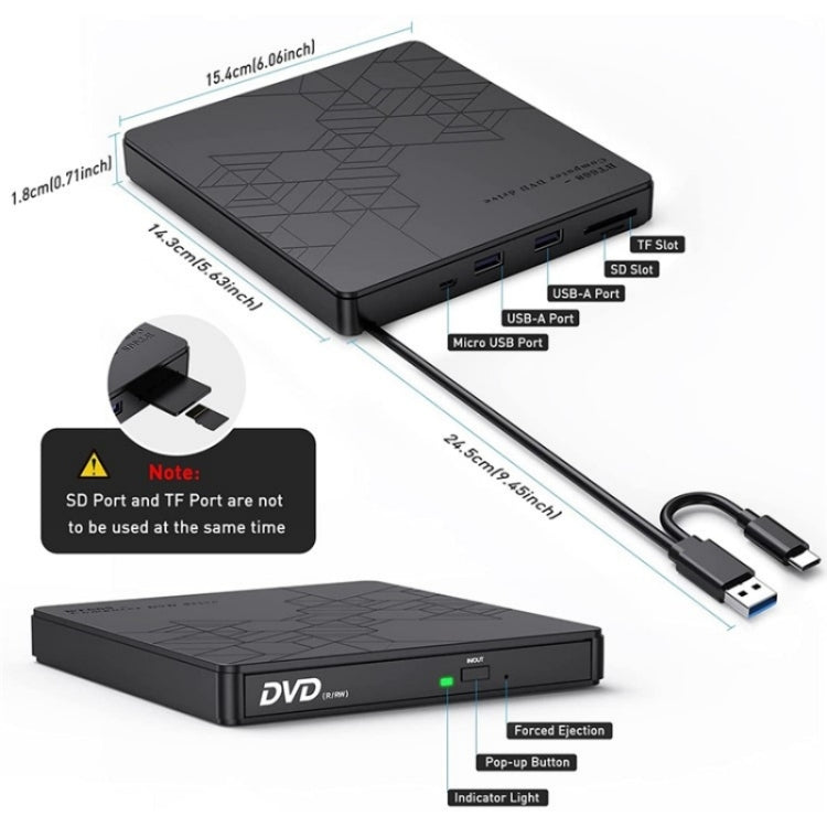 BT668 Readable TF / SD Card USB Multi-Function CD Disc Player External Optical Drive DVD Burner by buy2fix