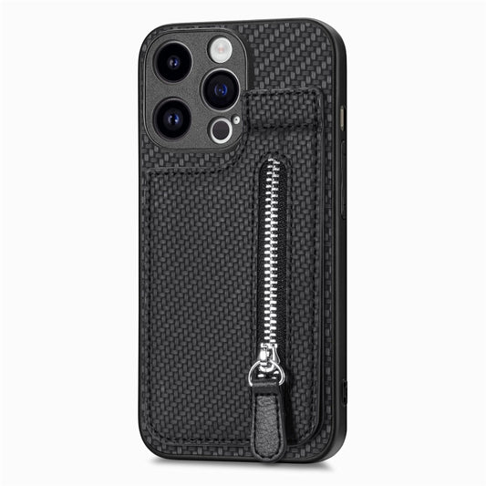 For iPhone 15 Pro Max Carbon Fiber Vertical Flip Zipper Phone Case(Black) by buy2fix