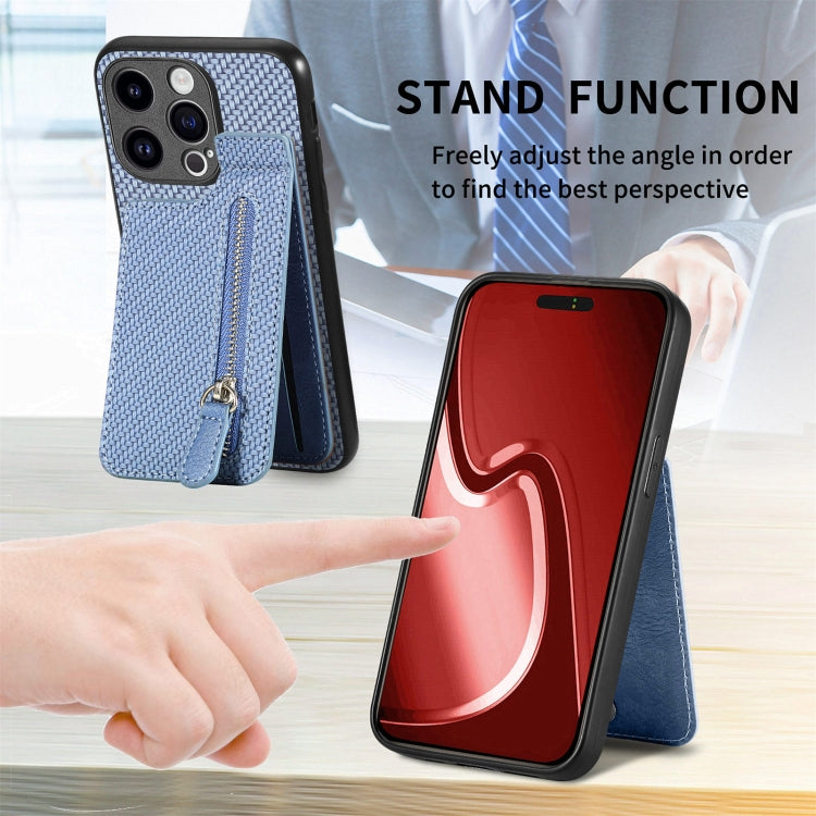 For iPhone 15 Pro Max Carbon Fiber Vertical Flip Zipper Phone Case(Blue) by buy2fix