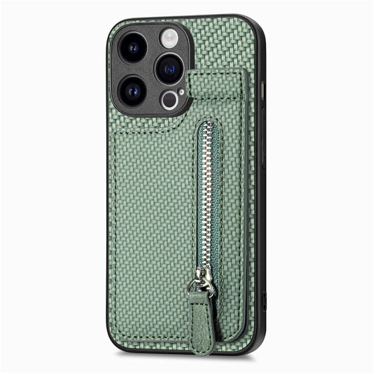 For iPhone 15 Pro Max Carbon Fiber Vertical Flip Zipper Phone Case(Green) by buy2fix