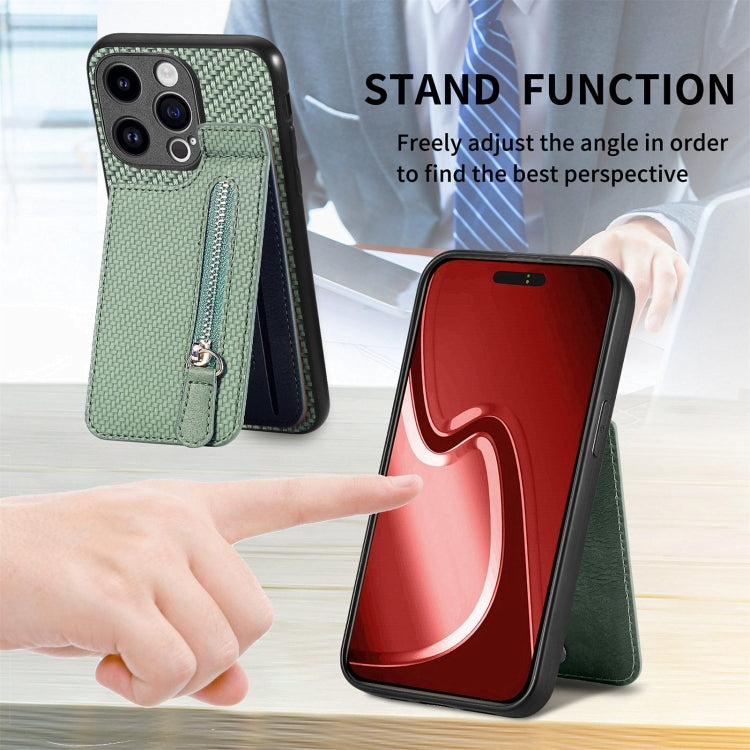 For iPhone 15 Pro Max Carbon Fiber Vertical Flip Zipper Phone Case(Green) by buy2fix