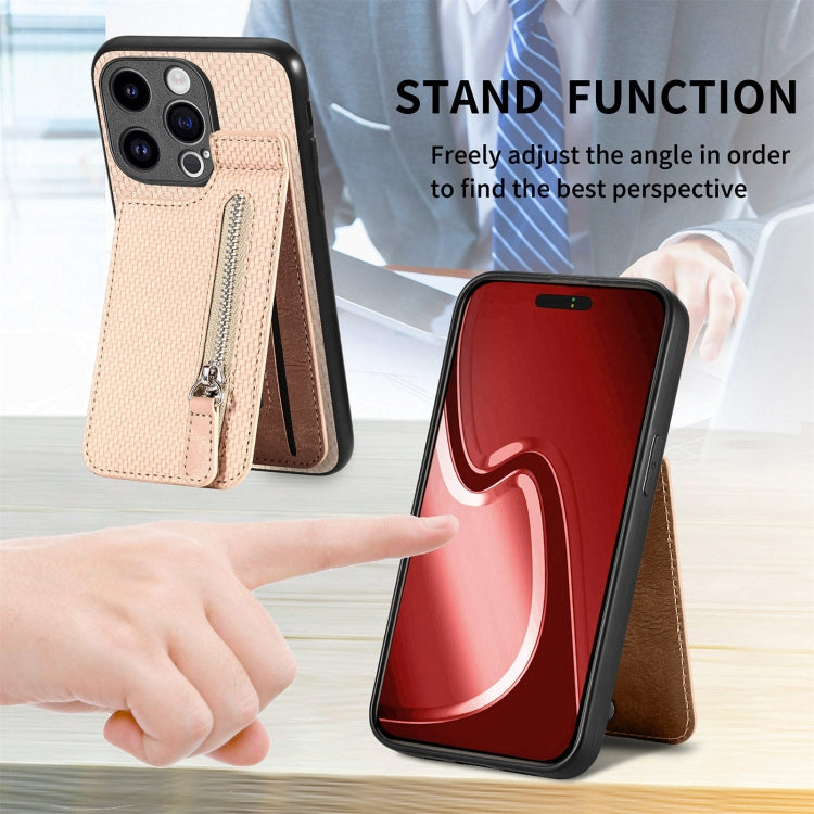 For iPhone 15 Pro Max Carbon Fiber Vertical Flip Zipper Phone Case(Khaki) by buy2fix