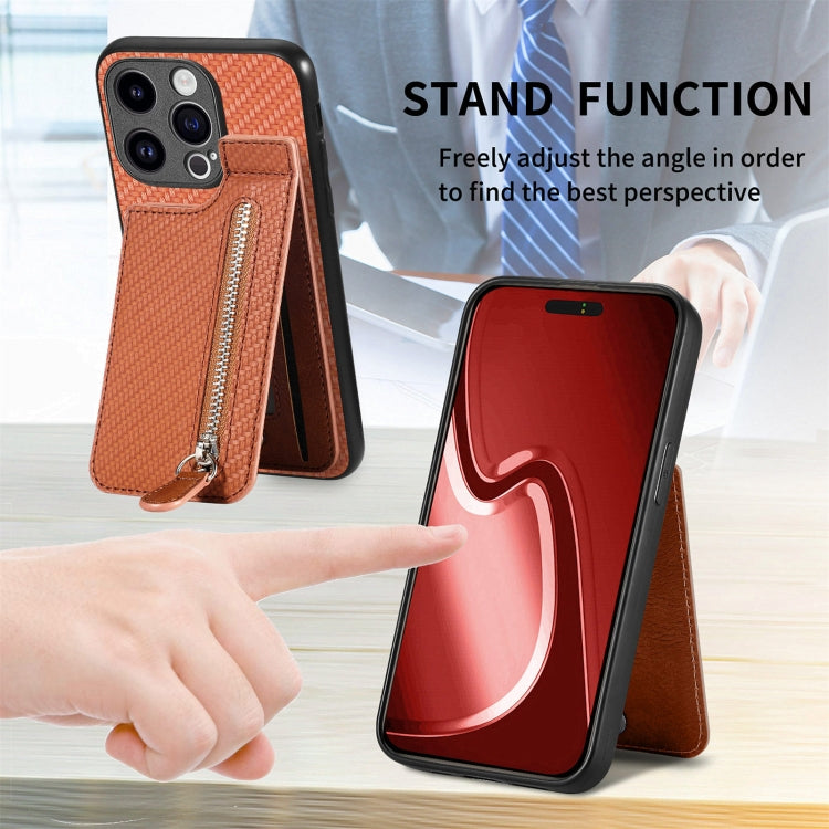 For iPhone 15 Pro Max Carbon Fiber Vertical Flip Zipper Phone Case(Brown) by buy2fix