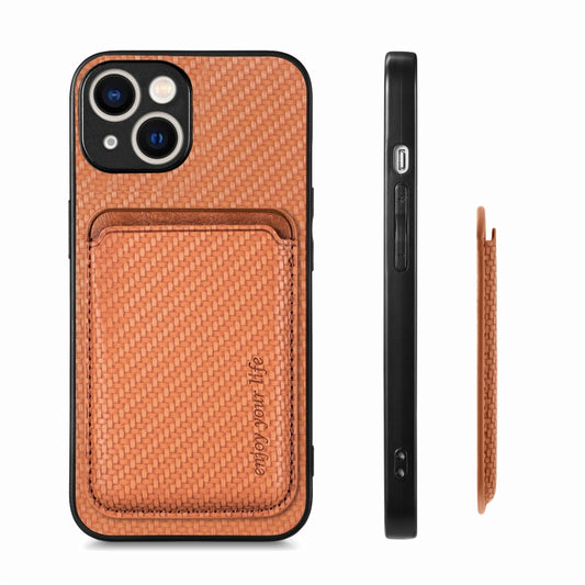 For iPhone 15 Plus Carbon Fiber Leather Card Magsafe Phone Case(Brown) by buy2fix