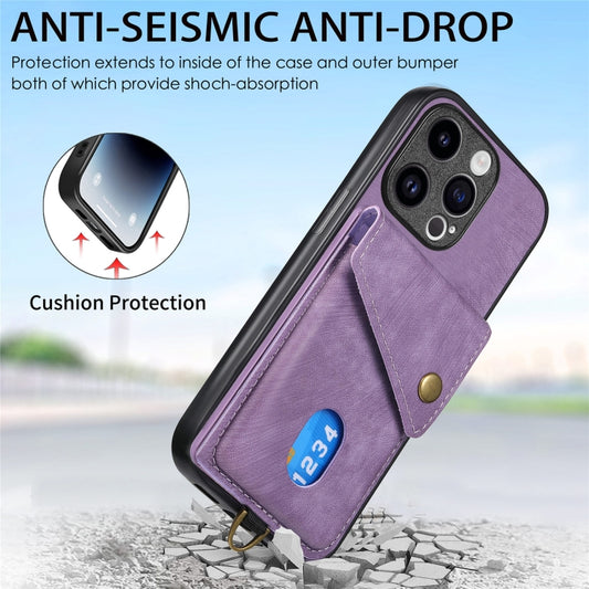 For iPhone 15 Pro Max Retro Card Wallet Fold Leather Phone Case with Strap(Purple) by buy2fix