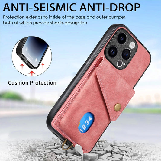 For iPhone 15 Pro Max Retro Card Wallet Fold Leather Phone Case with Strap(Pink) by buy2fix