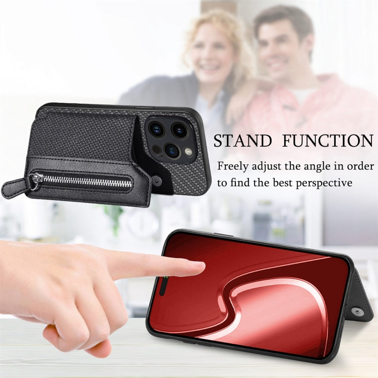 For iPhone 15 Pro Max Carbon Fiber Horizontal Flip Zipper Wallet Phone Case(Black) by buy2fix