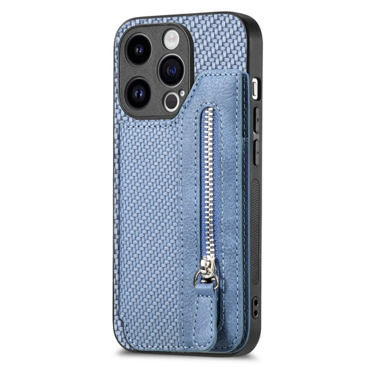 For iPhone 15 Pro Max Carbon Fiber Horizontal Flip Zipper Wallet Phone Case(Blue) by buy2fix