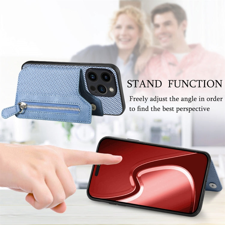 For iPhone 15 Pro Max Carbon Fiber Horizontal Flip Zipper Wallet Phone Case(Blue) by buy2fix