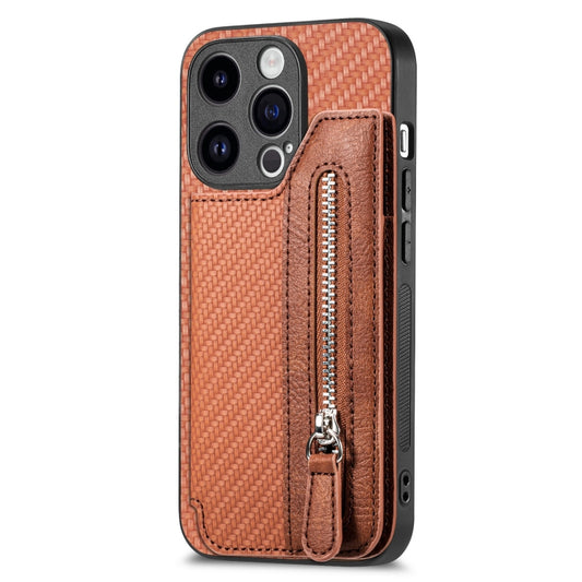 For iPhone 15 Pro Max Carbon Fiber Horizontal Flip Zipper Wallet Phone Case(Brown) by buy2fix
