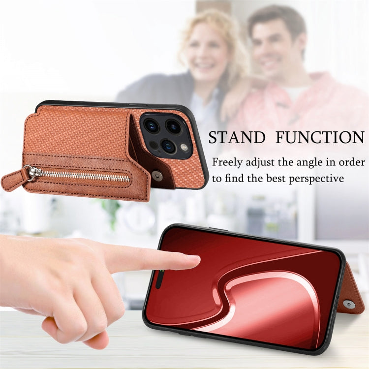 For iPhone 15 Pro Max Carbon Fiber Horizontal Flip Zipper Wallet Phone Case(Brown) by buy2fix