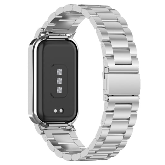 For Xiaomi Smart Band 8 Active Three Bead Stainless Steel Watch Band + Watch Metal Frame(Silver) by buy2fix