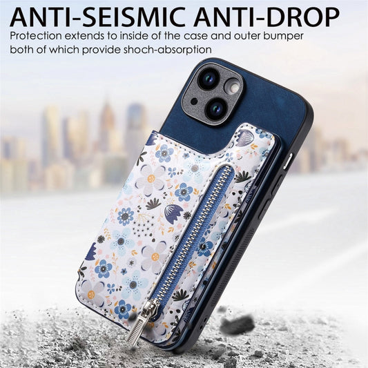 For iPhone 15 Pro Max Retro Painted Zipper Wallet Back Phone Case(Blue) by buy2fix