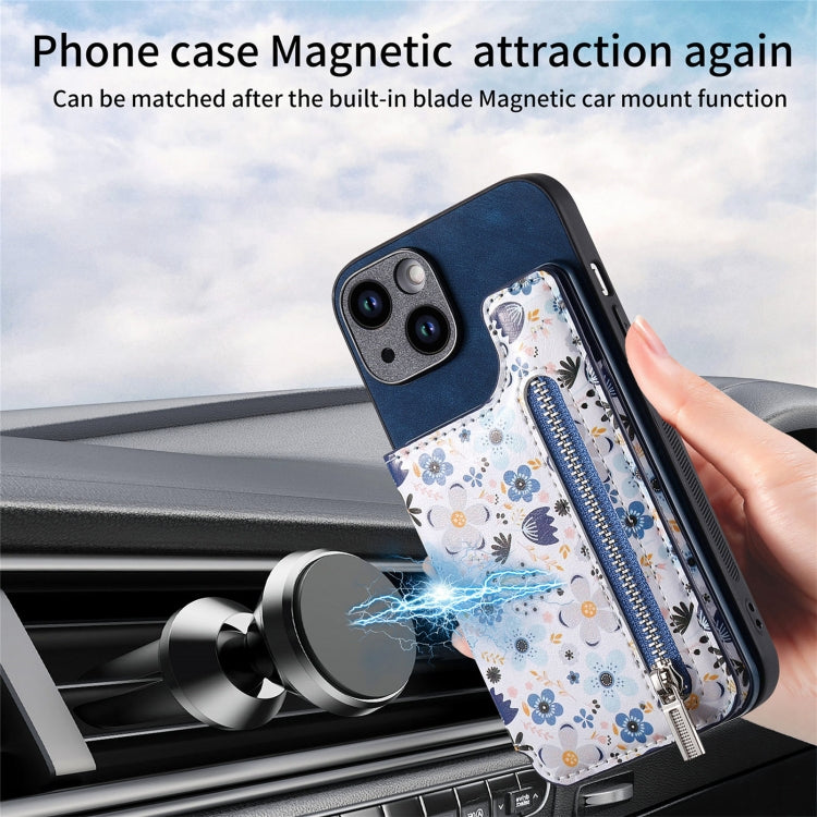For iPhone 15 Pro Max Retro Painted Zipper Wallet Back Phone Case(Blue) by buy2fix