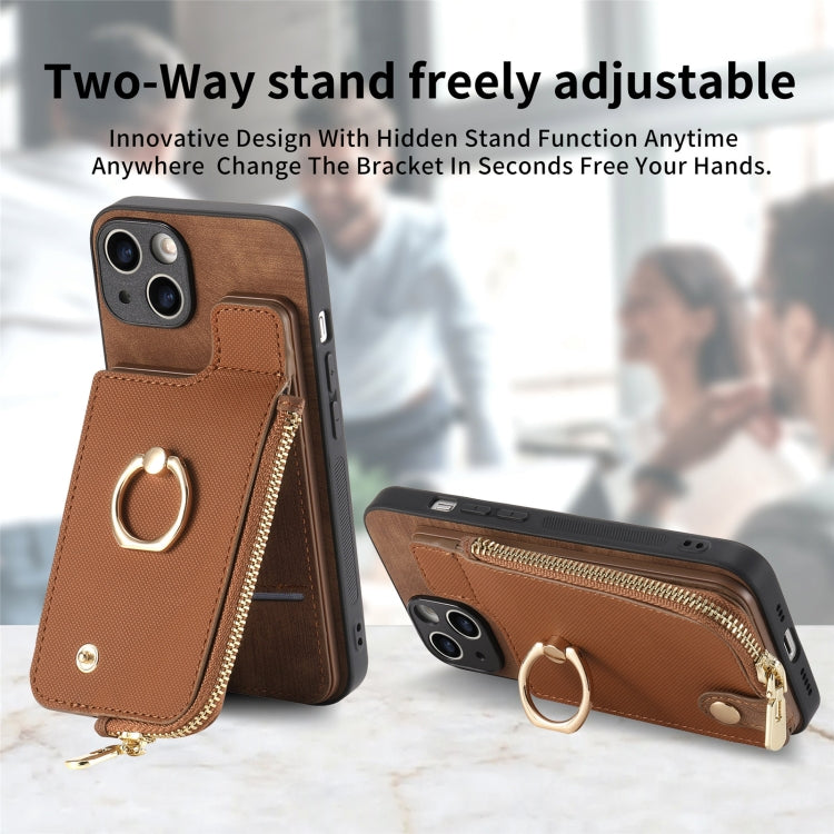 For iPhone 15 Pro Max Cross Leather Ring Vertical Zipper Wallet Back Phone Case(Brown) by buy2fix