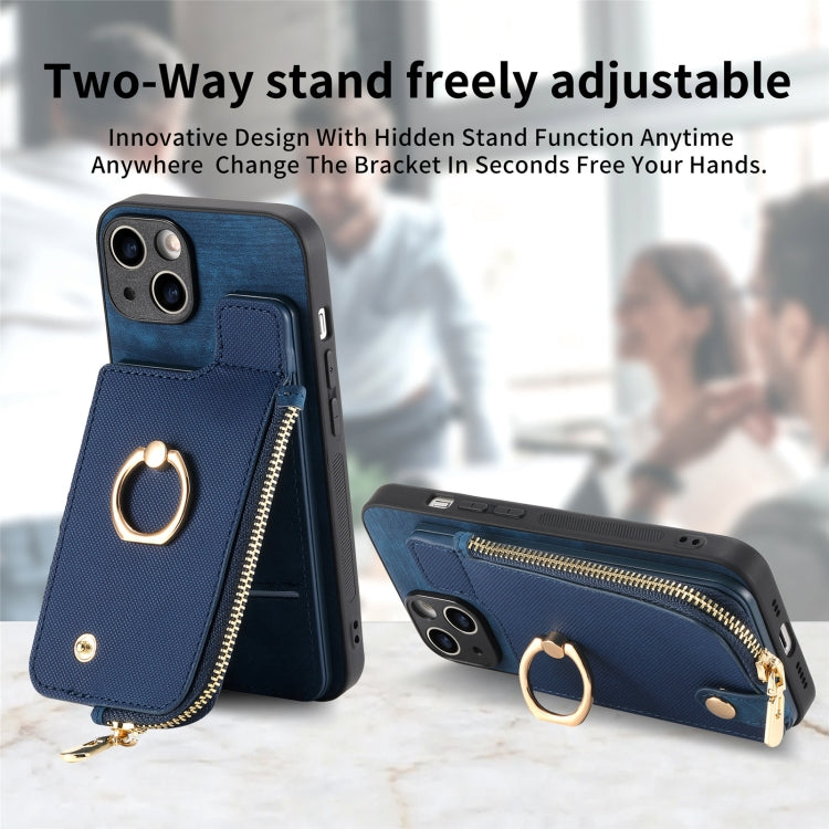For iPhone 15 Pro Max Cross Leather Ring Vertical Zipper Wallet Back Phone Case(Blue) by buy2fix