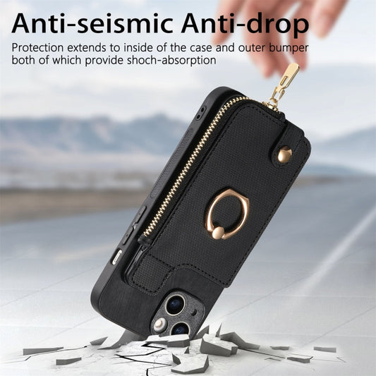 For iPhone 15 Pro Max Cross Leather Ring Vertical Zipper Wallet Back Phone Case(Black) by buy2fix