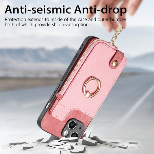For iPhone 15 Pro Max Cross Leather Ring Vertical Zipper Wallet Back Phone Case(Pink) by buy2fix