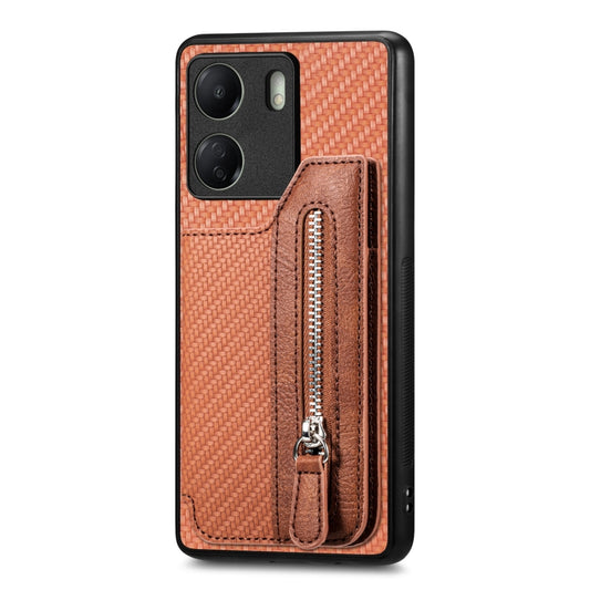 For Xiaomi Redmi 13C Carbon Fiber Flip Zipper Wallet Phone Case(Brown) by buy2fix