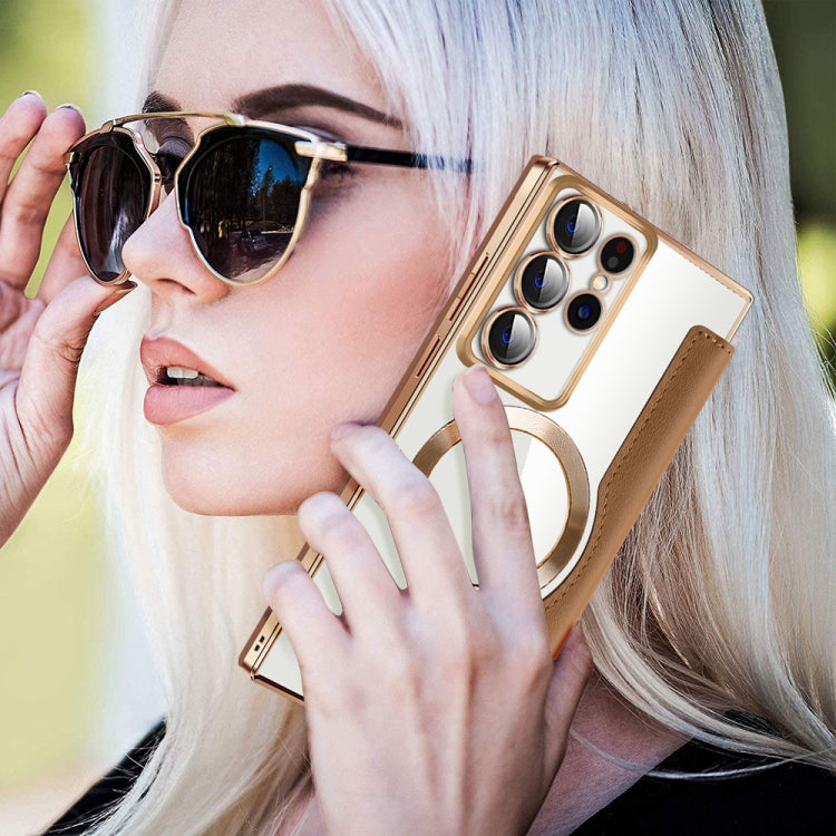 For Samsung Galaxy S22 Ultra 5G Shield MagSafe RFID Anti-theft Leather Phone Case(Brown) by buy2fix