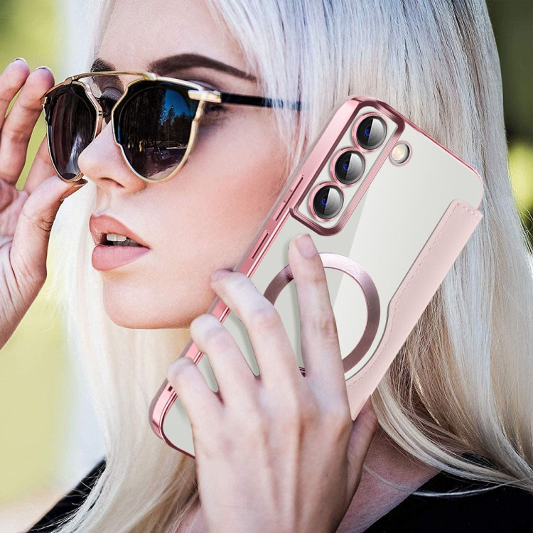 For Samsung Galaxy S22+ 5G Shield MagSafe RFID Anti-theft Leather Phone Case(Pink) by buy2fix