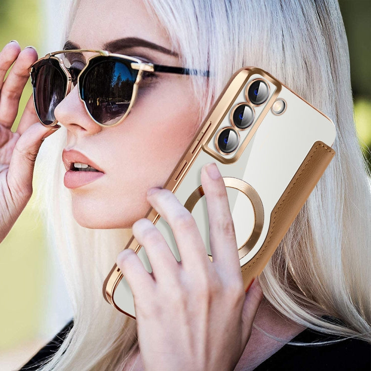 For Samsung Galaxy S22+ 5G Shield MagSafe RFID Anti-theft Leather Phone Case(Brown) by buy2fix