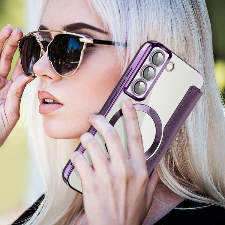 For Samsung Galaxy S22 5G Shield MagSafe RFID Anti-theft Leather Phone Case(Purple) by buy2fix