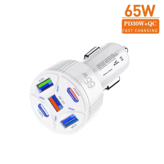 TE-P50 65W PD30W Type-C x 2 + USB x 3 Multi Port Car Charger with 1m Type-C to 8 Pin Data Cable(White) by buy2fix