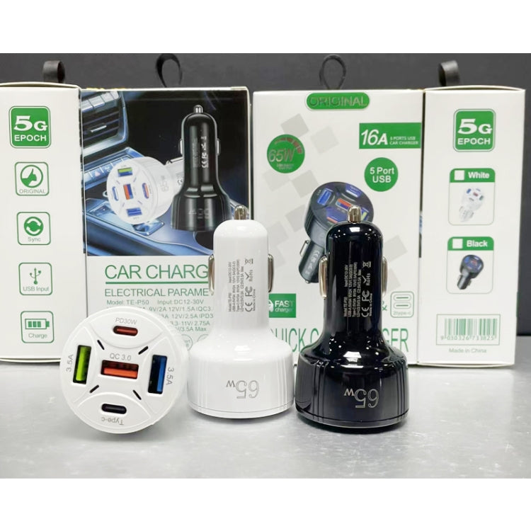 TE-P50 65W PD30W Type-C x 2 + USB x 3 Multi Port Car Charger with 1m Type-C to 8 Pin Data Cable(White) by buy2fix