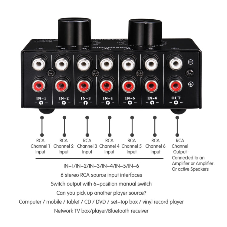 B016 6 Input 1 Output Audio Signal Source Selection Switcher, Output Volume Adjustment Control RCA Port by buy2fix