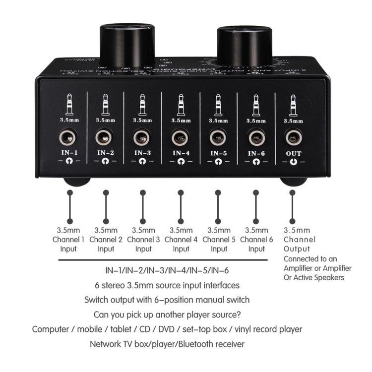 B017 6 Input 1 Output Audio Signal Selection Switcher Output Volume Adjustment Control 3.5mm Interface by buy2fix